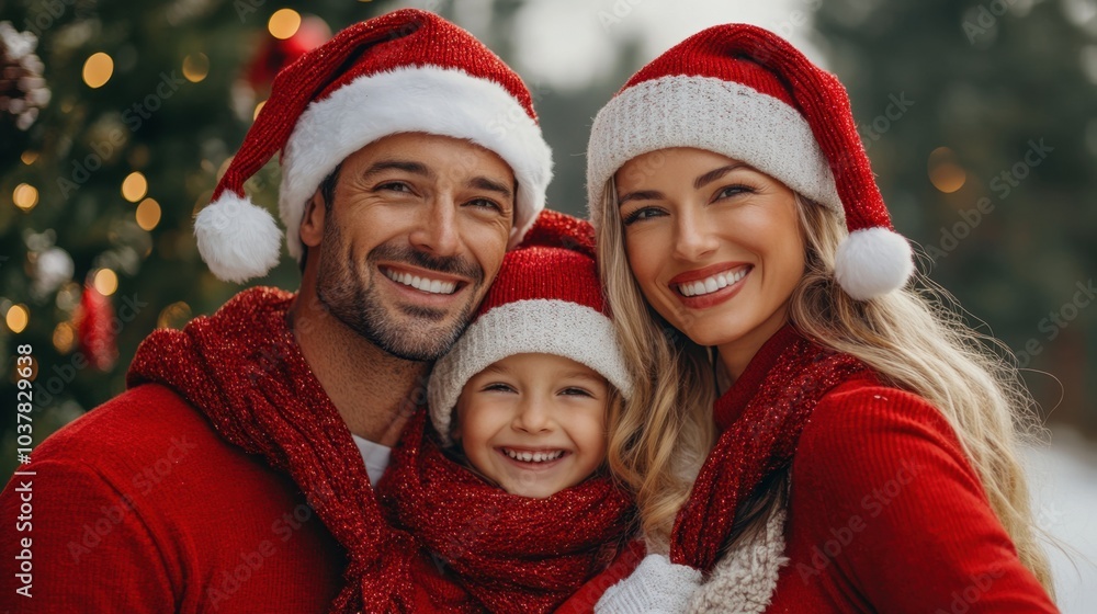 Happy Family in Santa Hats Celebrating Christmas Together Happy Family in Santa Hats Celebrating Christmas Together