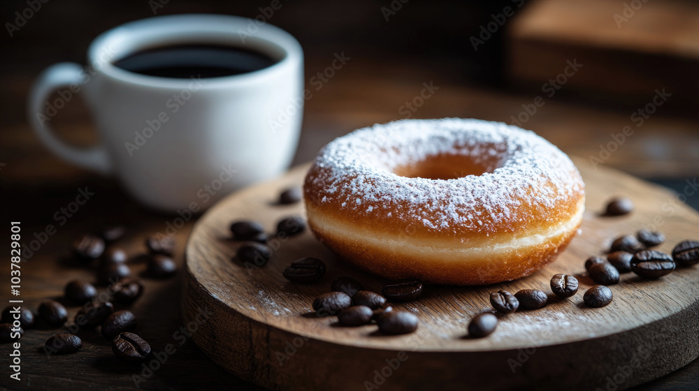 A cup of coffee and donuts on the table A cup of coffee and donuts on the table