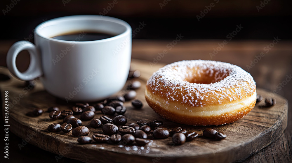 A cup of coffee and donuts on the table A cup of coffee and donuts on the table