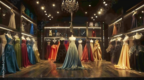 Elegant Evening Gowns Displayed in a Fashion Boutique