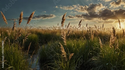 Animation of Wind Kissed Reed Grass Landscapes. Gentle wind softly caressing reed grass in a peaceful setting. Realistic motion. photo