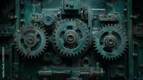 Vintage gears and machinery with an antique green texture creating an industrial look. Generative AI