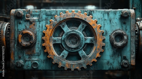 Rusty industrial gear mechanism close-up with detailed textures of weathered metal. Generative AI