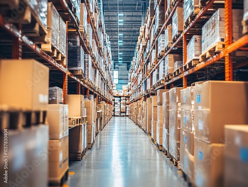 Organized Warehouse with Rows of Packed Cardboard Boxes