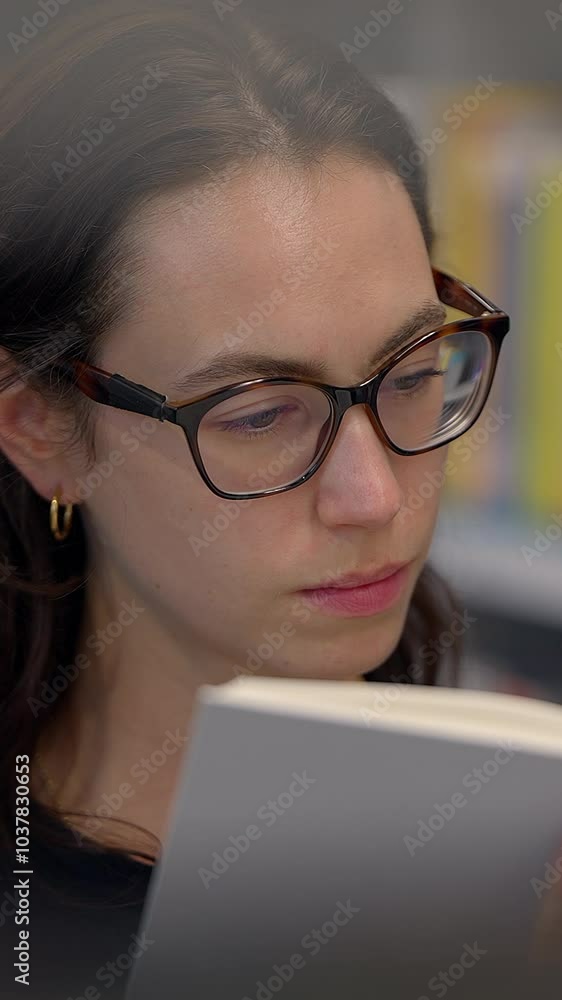 A Young Woman Reading Completely Intently in a Quiet Library Setting and Atmosphere A Young Woman Reading Completely Intently in a Quiet Library Setting and Atmosphere