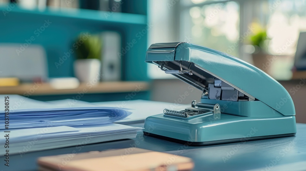 An office setup with a staple remover, stapler, and paperwork neatly arranged on the desk. An office setup with a staple remover, stapler, and paperwork neatly arranged on the desk.