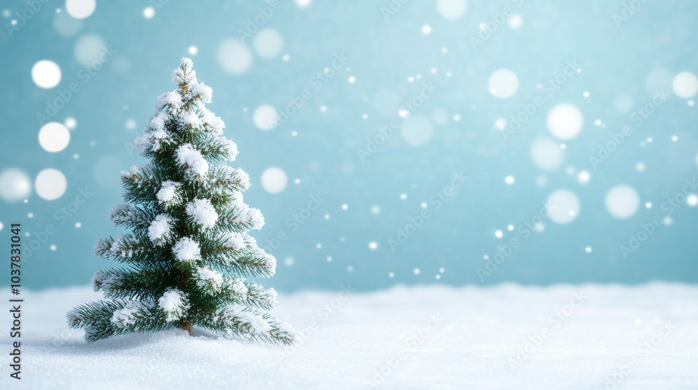 Snow-covered Christmas tree with a serene winter backdrop Snow-covered Christmas tree with a serene winter backdrop