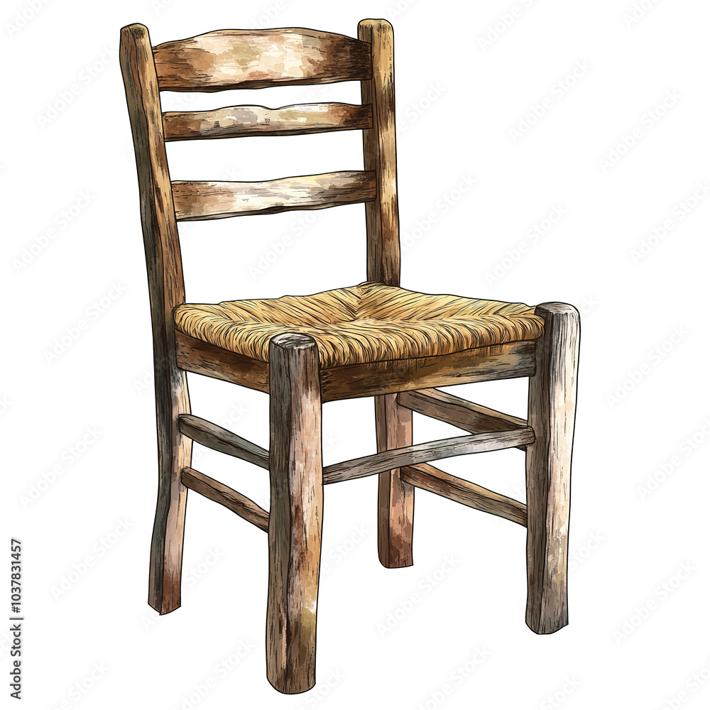 A rustic farmhouse-style chair with woven seat, country decor, digital painting, natural wood tones, isolated on white background A rustic farmhouse-style chair with woven seat, country decor, digital painting, natural wood tones, isolated on white background