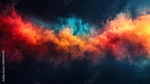 Vibrant explosion of orange red and blue clouds of smoke and particles against a dark cosmic background. Generative AI