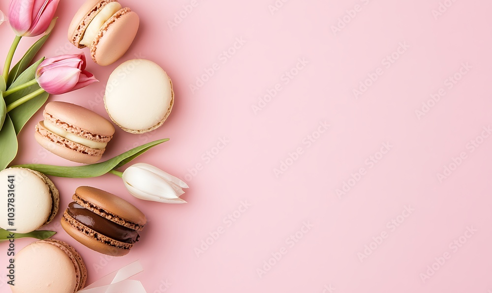Fototapeta premium delightful macaroons and tulip flowers on a pink background close up, Generative AI
