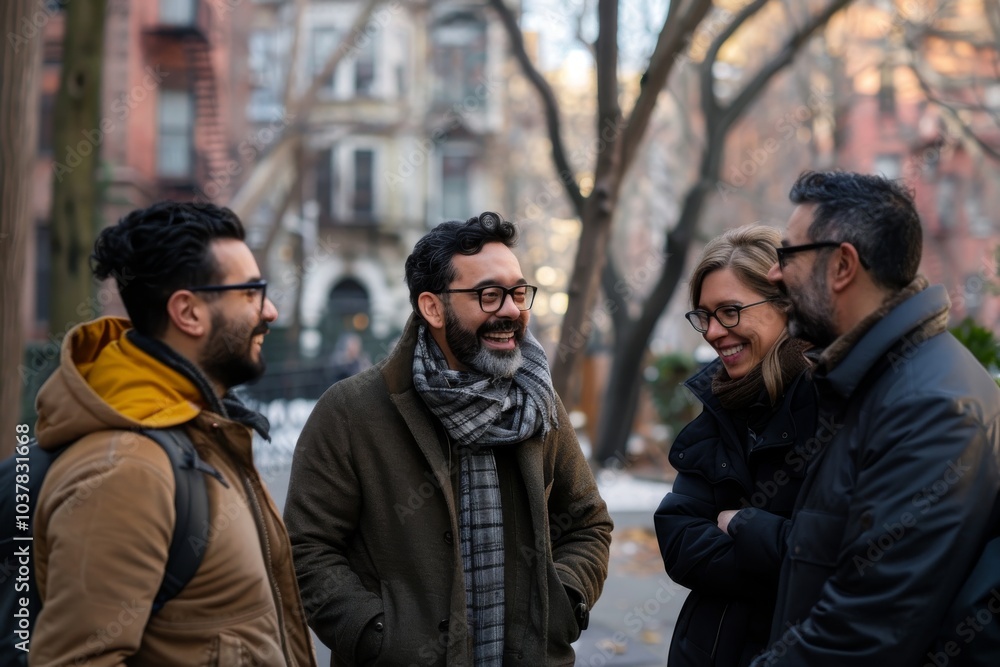 Group of friends walking in the city, talking and laughing together. Group of friends walking in the city, talking and laughing together.
