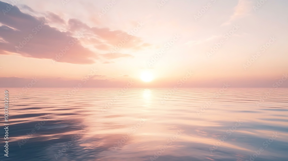A calm sea at sunrise, with soft pink and orange hues reflecting on the still water A calm sea at sunrise, with soft pink and orange hues reflecting on the still water