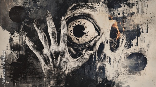 A horrifying digital painting of a monstrous creature with a single, large eye and a skeletal hand reaching out from a dark and chaotic background.