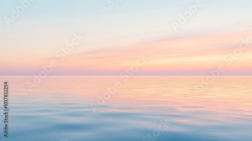 A calm sea at sunrise, with soft pink and orange hues reflecting on the still water