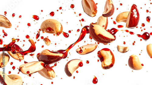 Brazilian nuts in close-up and splashes and drops of red syrup. Brazil nuts are scattered all over the image, some of them are broken in half. A natural organic product. Food background photo