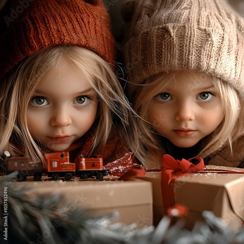 Gleeful children s faces sparkling eyes and rosy cheeks as they rip open gift boxes beside the festive tree new dolls trains and stuffed animals revealed photo