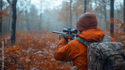 A hunter in an orange jacket aims a rifle in a foggy, autumn forest. photo