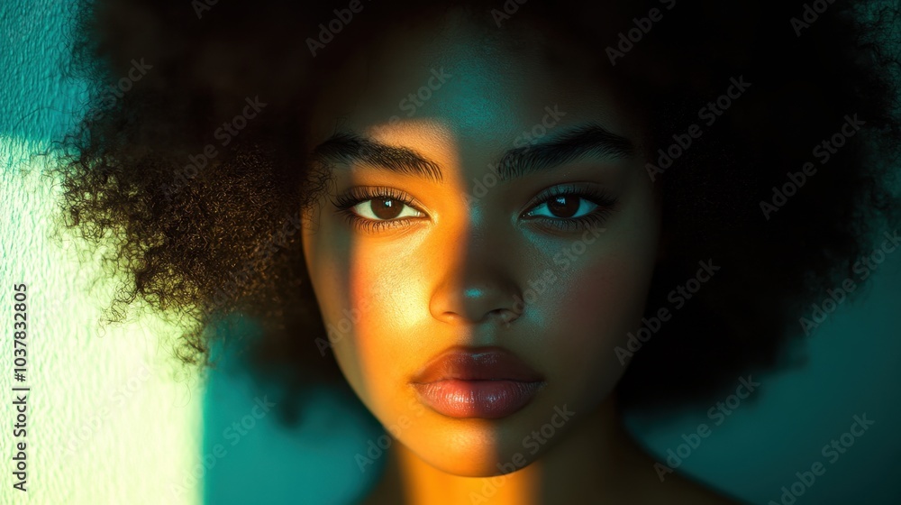 Woman with Afro Hairstyle Looking at Camera with Colorful Lighting Woman with Afro Hairstyle Looking at Camera with Colorful Lighting