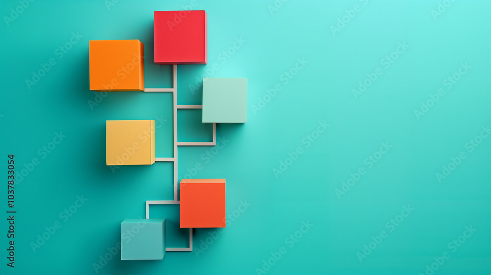 Abstract geometric composition with colorful blocks connected by lines on a turquoise background
