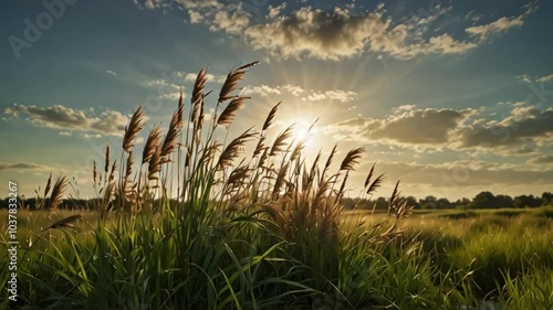 Animation of Summer’s Gentle Breeze Over Reed Grass. Soft sway of reed grass under a summer breeze. Realistic motion. photo