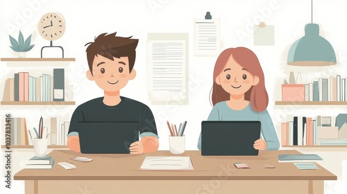 Illustration of Two People Working at a Desk with Laptops and Stationary