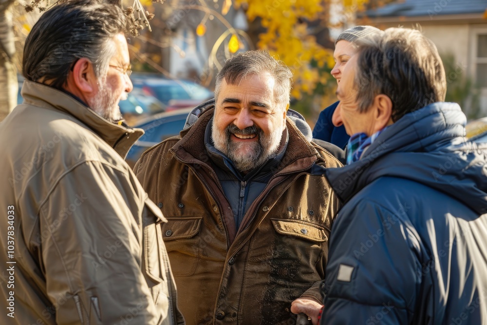 Elderly people talking and laughing in the street in autumn. Elderly people talking and laughing in the street in autumn.