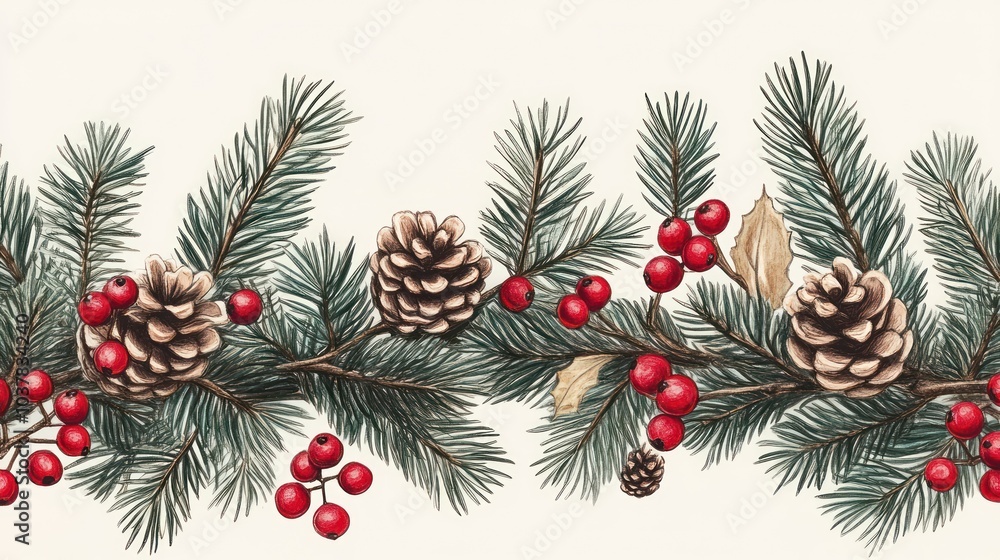 Watercolor seamless pattern of Christmas pine branches, cones, and red berries on a white background. Watercolor seamless pattern of Christmas pine branches, cones, and red berries on a white background.