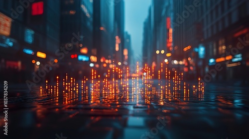 Cityscape at Night with Glowing Lights and Reflections