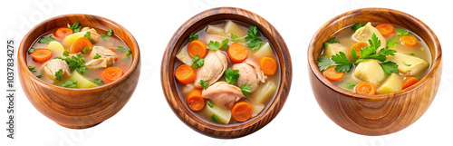 Srt of a Top-down view of a hearty chicken soup with carrots, potatoes, and herbs served in a rustic wooden bowl, emphasizing warmth and comfort.
