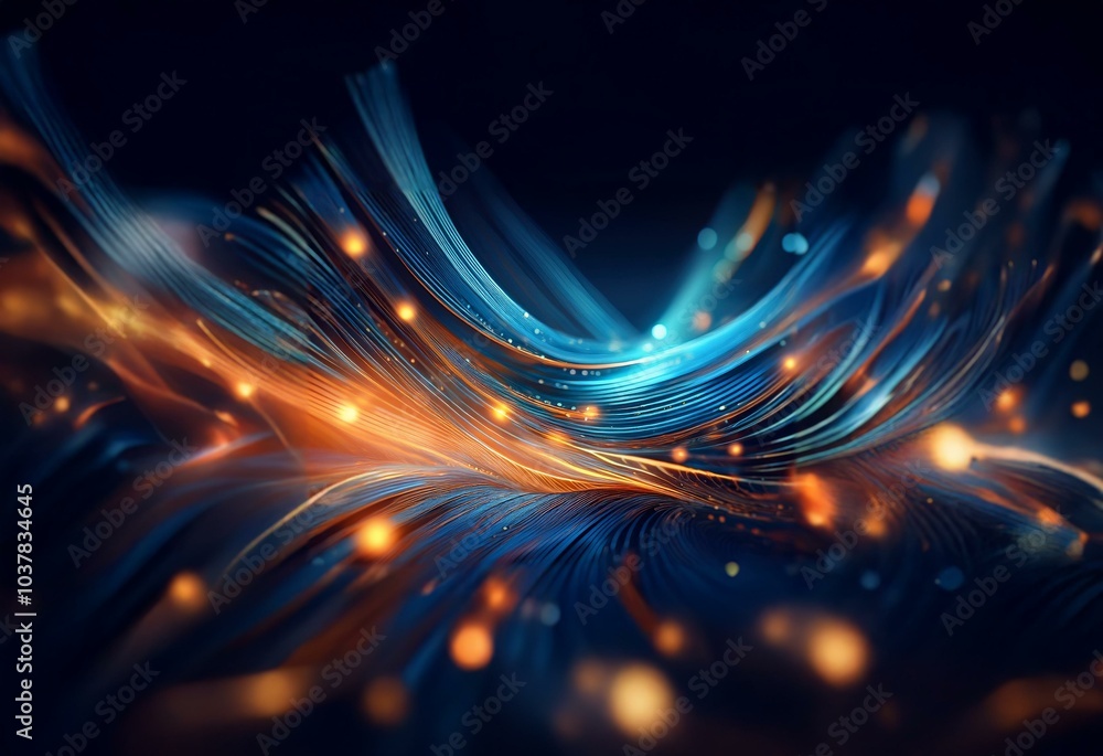 Obraz premium Abstract blue and gold smooth, silky, luminous lines with bokeh.