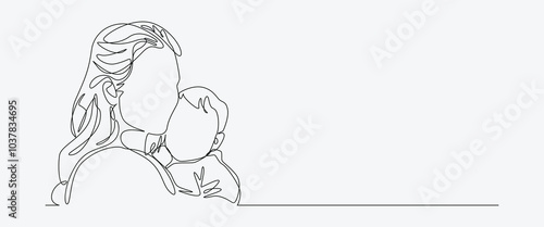Continuous one line drawing of mother hugging newborn baby. Editable line vector illustration.