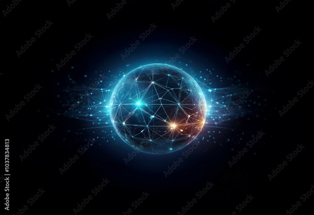 Fototapeta premium A wireframe sphere sits against a dark background.