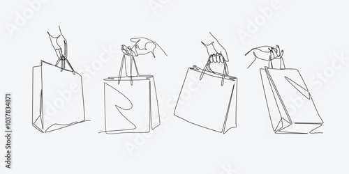 set of drawing of hands carrying shopping bag in continuous one line drawing style. Shopping, lifestyle, fashion concept. Editable line vector illustration