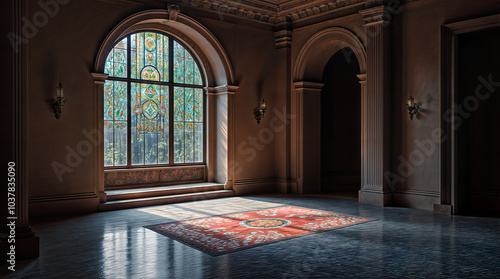 Title: Ornate Stained Glass Window Casting Light in a Shadowy Room