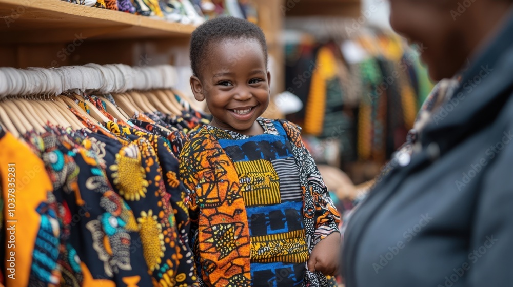 Happy African Boy Choosing Kwanzaa Decorations at Market Happy African Boy Choosing Kwanzaa Decorations at Market