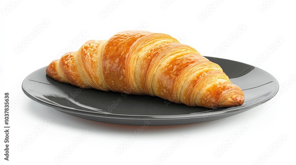 Freshly Baked Flaky Croissant on Black Plate Freshly Baked Flaky Croissant on Black Plate