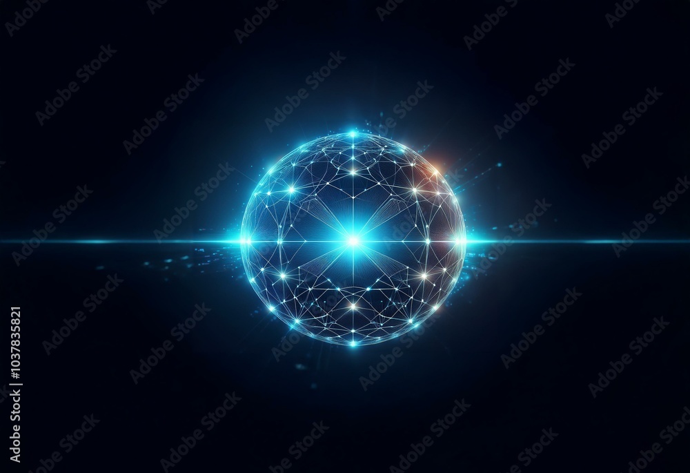 Obraz premium A glowing blue orb with a complex web of interconnected lines and dots on a dark blue background.