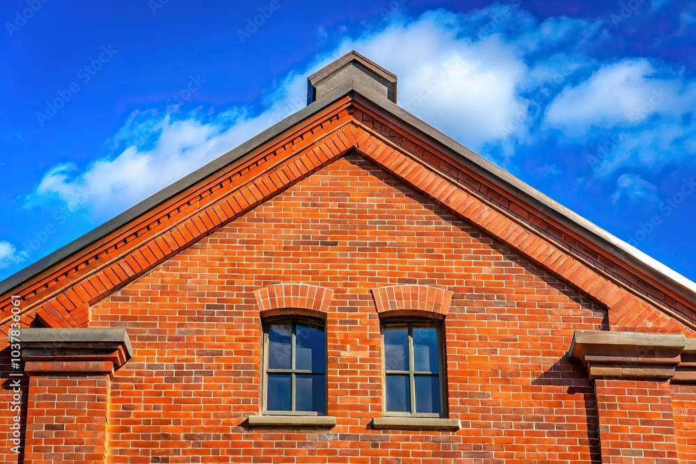 Close-up of a red brick building against a blue sky background Close-up of a red brick building against a blue sky background