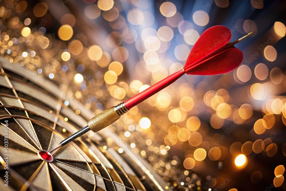 Close-up of a red dart hitting a bullseye with sparkling effects in wide angle Close-up of a red dart hitting a bullseye with sparkling effects in wide angle