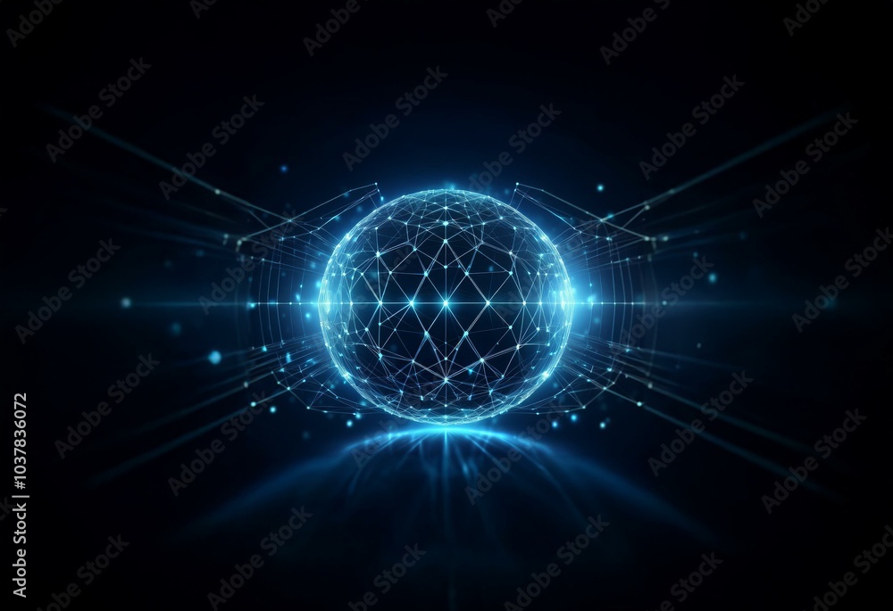 Obraz premium A glowing blue sphere made of connected lines and dots is surrounded by rays of light on a black background.