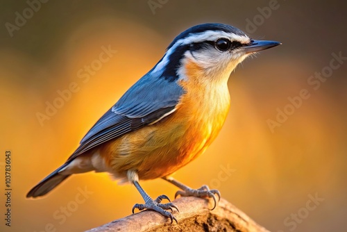 Close-up of a Red breasted Nuthatch illuminated by evening light photo