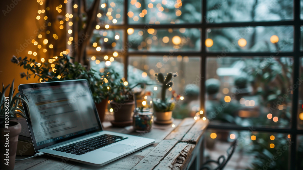 Cozy home office with laptop on wooden desk surrounded by plants and string lights Cozy home office with laptop on wooden desk surrounded by plants and string lights