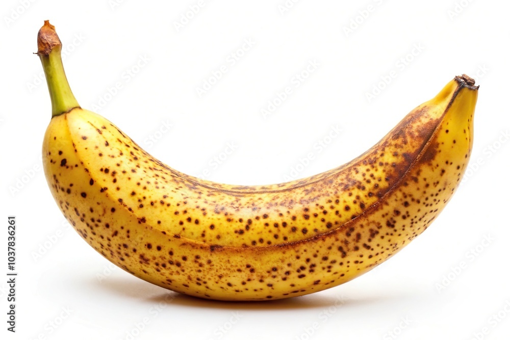 Close-up of a ripe yellow banana with brown freckles Close-up of a ripe yellow banana with brown freckles