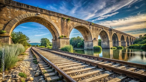 Close-up of a Roman bridge with a railway bridge in the background