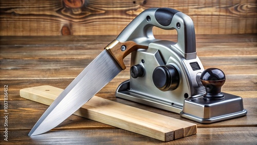 Close-up of a sharp steel knife being sharpened with an electric planer photo