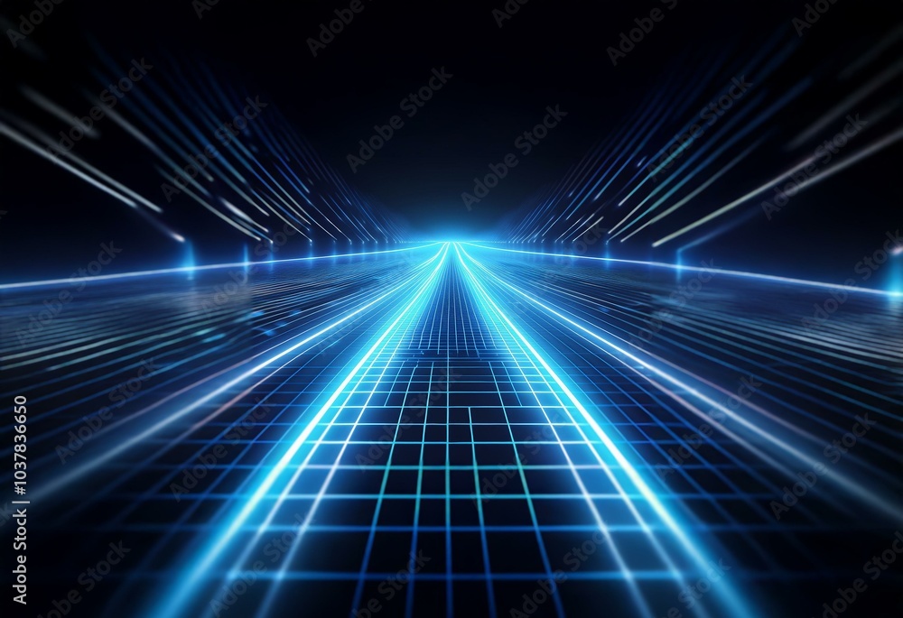 A glowing blue path extends into the distance, lined by white lights, and set against a black backdrop. A glowing blue path extends into the distance, lined by white lights, and set against a black backdrop.