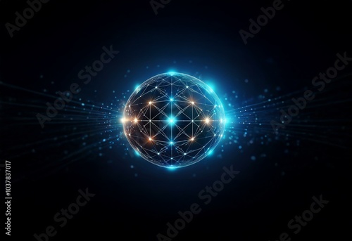 A glowing sphere composed of connected lines and points with blurred lines of light emanating from the sphere.