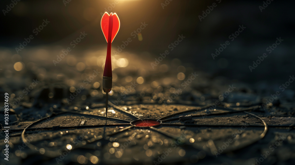 Dart hitting bullseye on target board symbolizing precision, success, and focus Dart hitting bullseye on target board symbolizing precision, success, and focus