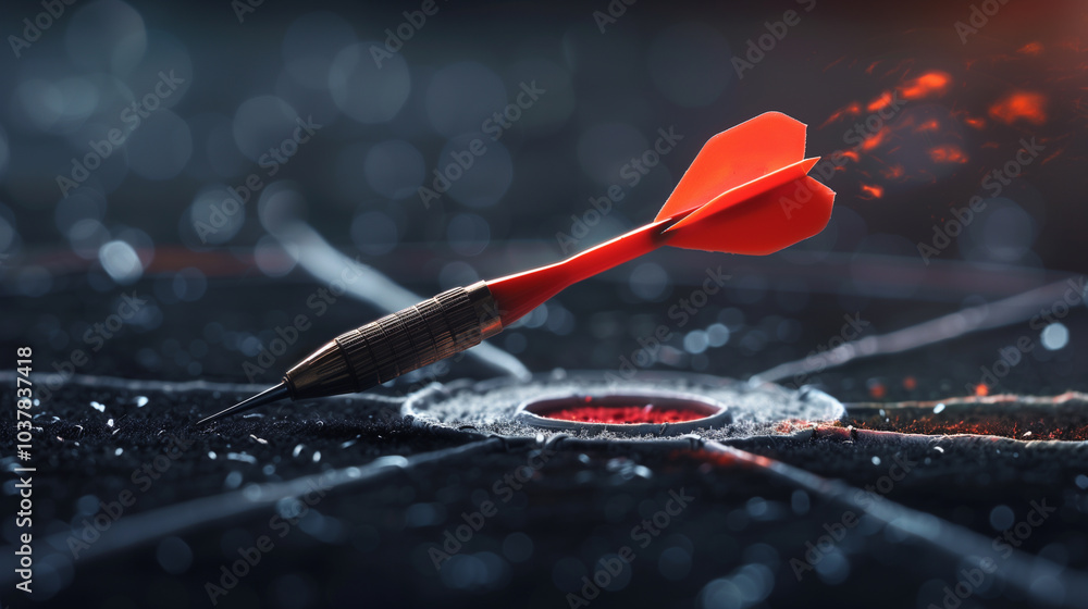 Dart hitting bullseye on target board symbolizing precision, success, and focus Dart hitting bullseye on target board symbolizing precision, success, and focus