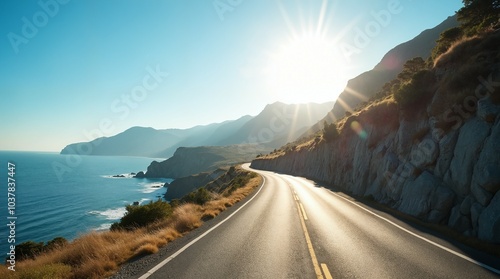 Scenic Coastal Road with Sun Flare. Between Ocean and moutain